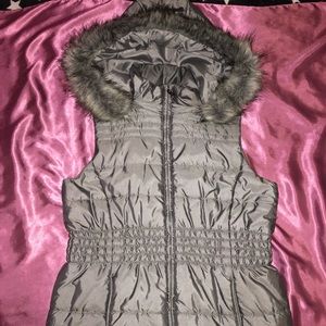 Metallic gray faux fur trimmed vest